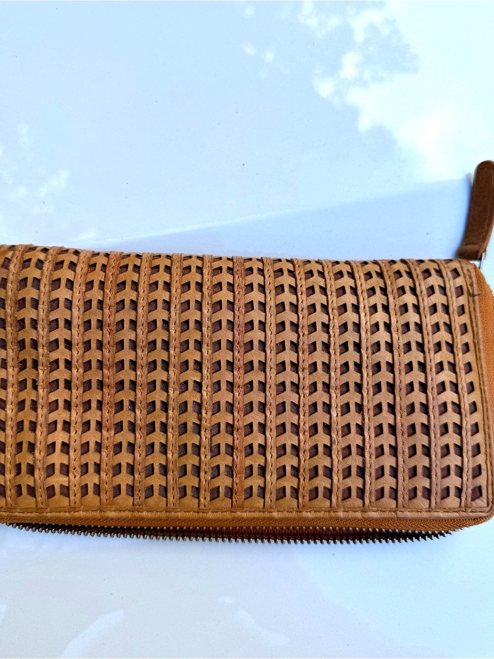 Vilenca Holland Genuine Woven Leather Zip Around Wallet Clutch Cognac Tan Boho
